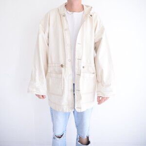 Vintage 90S BWB Best World Brand Cream Denim Button Up Hooded Jacket Medium